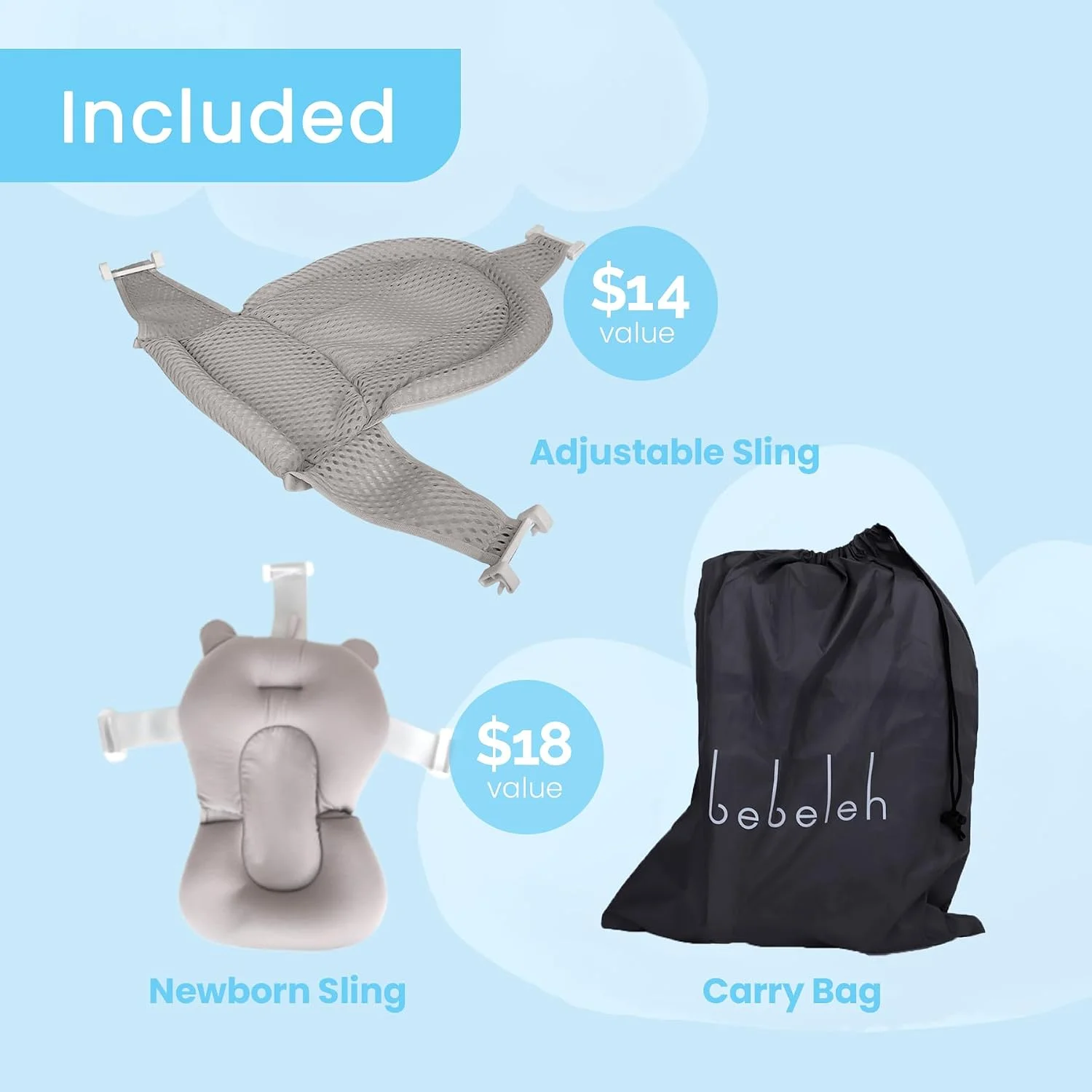 BEBELEH Bañera Plegable para Bebé con Termómetro y Doble Hamaca Gris