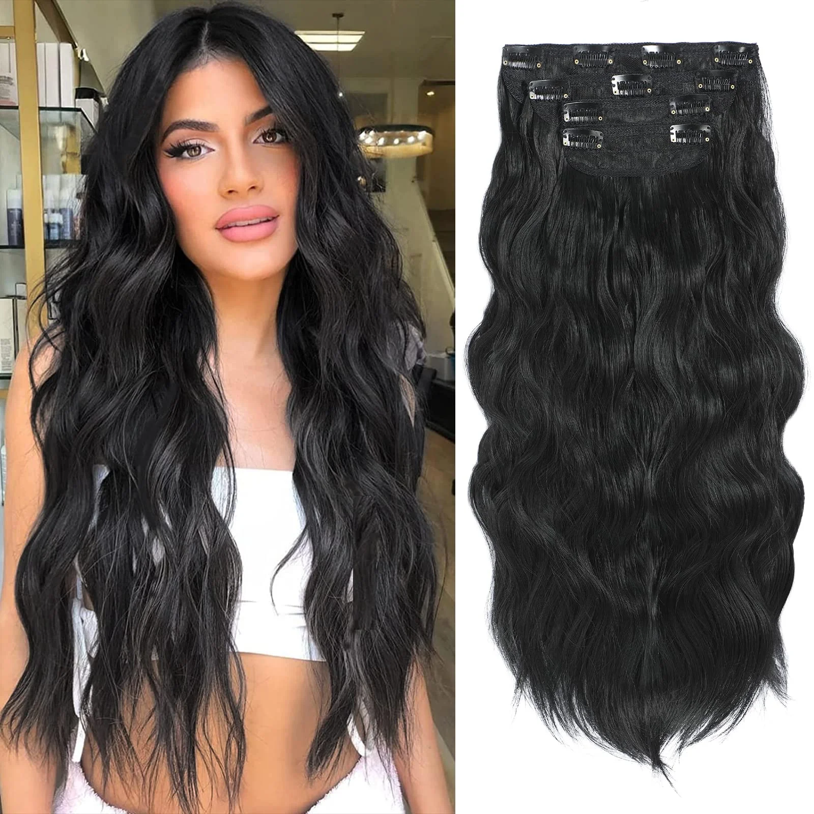 Extensiones de cabello clip in Verna 20 pulgadas ondulado negro 4 piezas