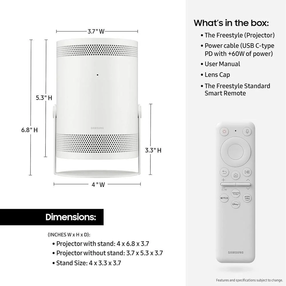 Proyector Samsung Freestyle FHD HDR portátil con sonido 360 y Alexa, ideal para cine en casa, uso interior y exterior
