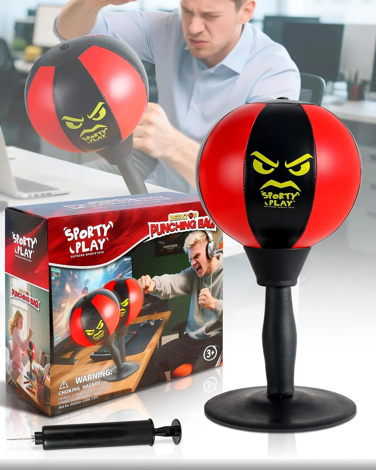 SPORTY PLAY Desktop Punching Bag with Enhanced Spring, Strong Suction Cup Base Designed for Office Table and Counters, Funny Office Stress Relief Gift for Coworkers, Punching Bag for Adults & Kids