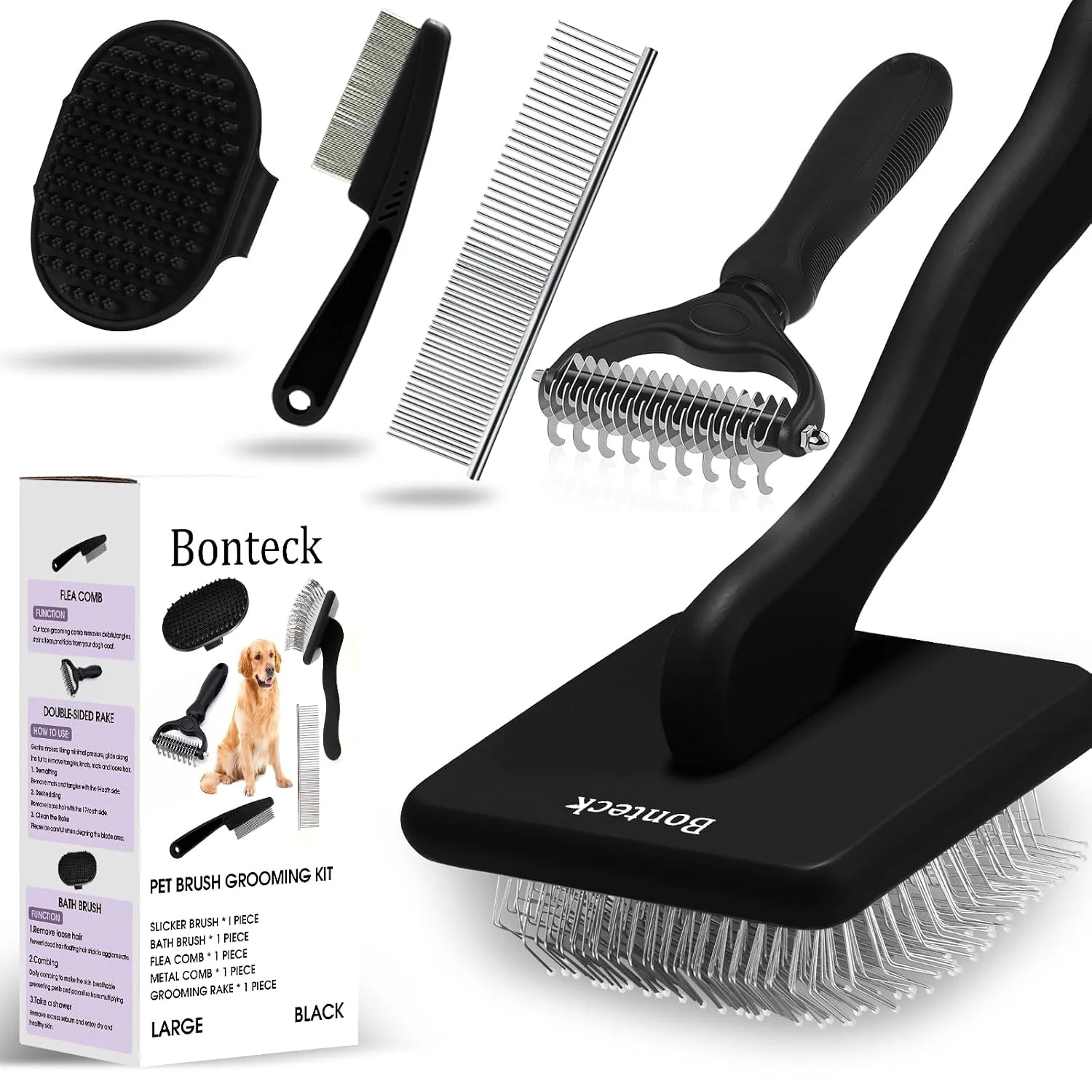 Bonteck Dog Slicker Brush for Dogs Grooming Kit 5PCS Long Haired Doodles