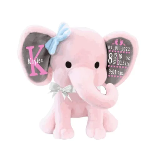 Peluche Elefante Personalizado con Datos de Nacimiento Rosa y Gris