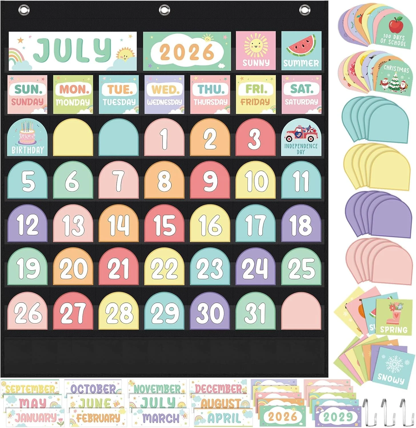 Calendario de bolsillo Fulmoon pastel para aula con 102 tarjetas y 3 ganchos metálicos