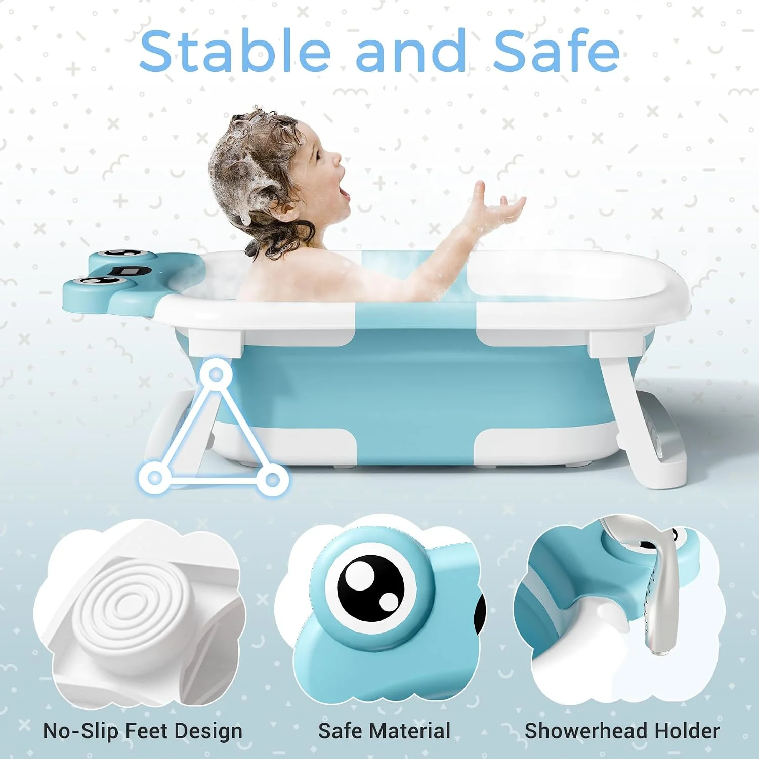 BUNWAG Bañera Plegable para Bebé con Termómetro y Cojín Azul