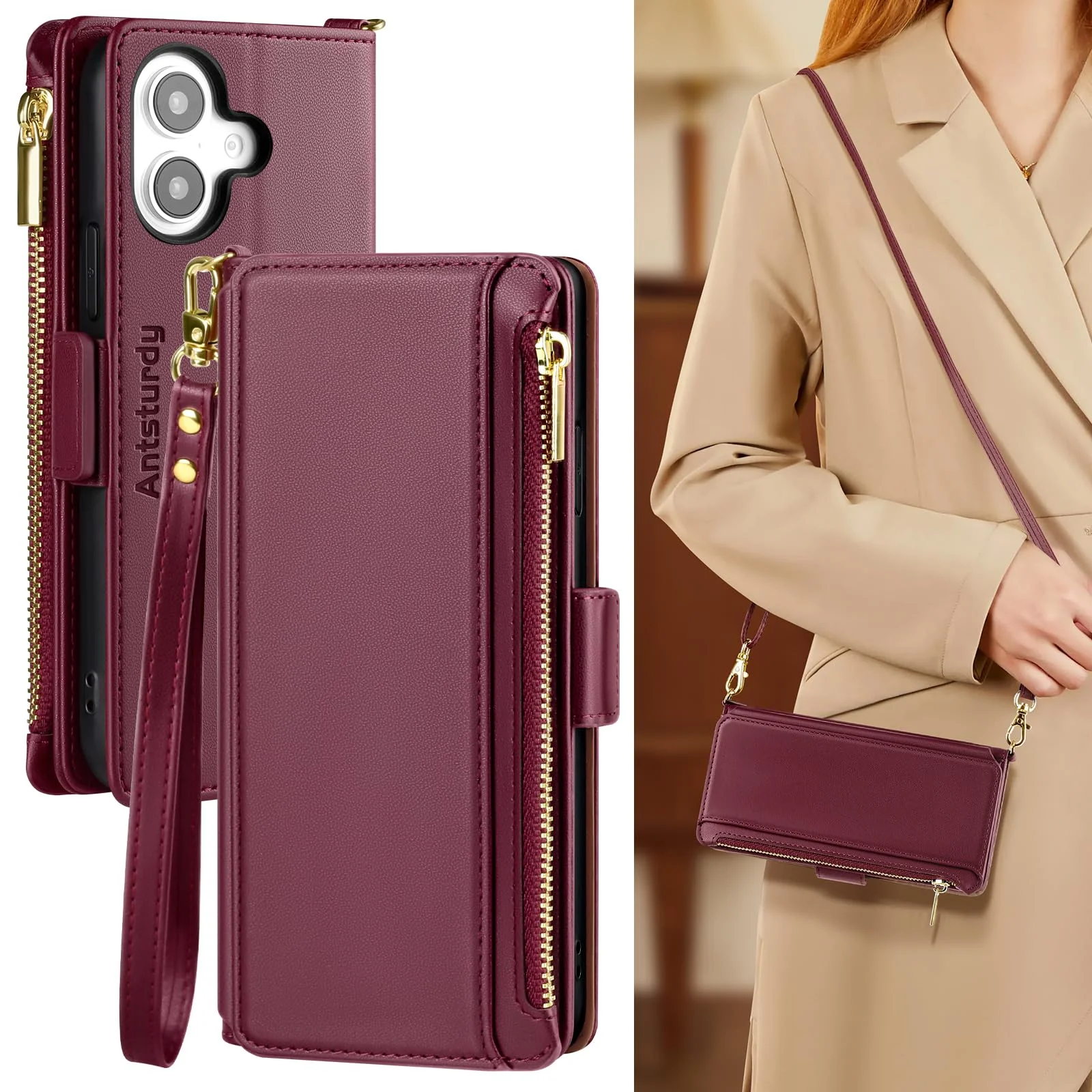Funda cartera Antsturdy para iPhone 16 rojo vino