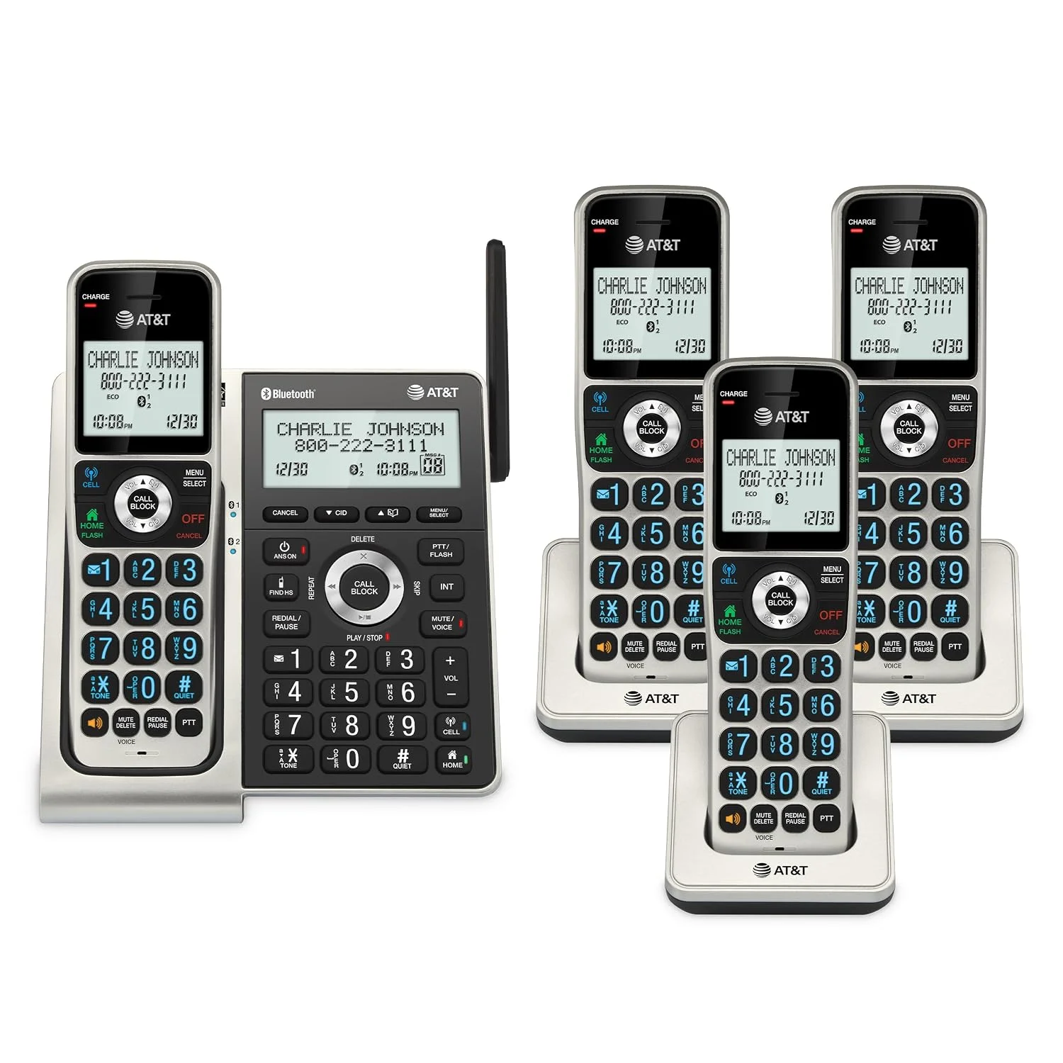 Teléfono fijo inalámbrico AT&T BL3107-4 DECT 6.0 con 4 auriculares, color titanio negro