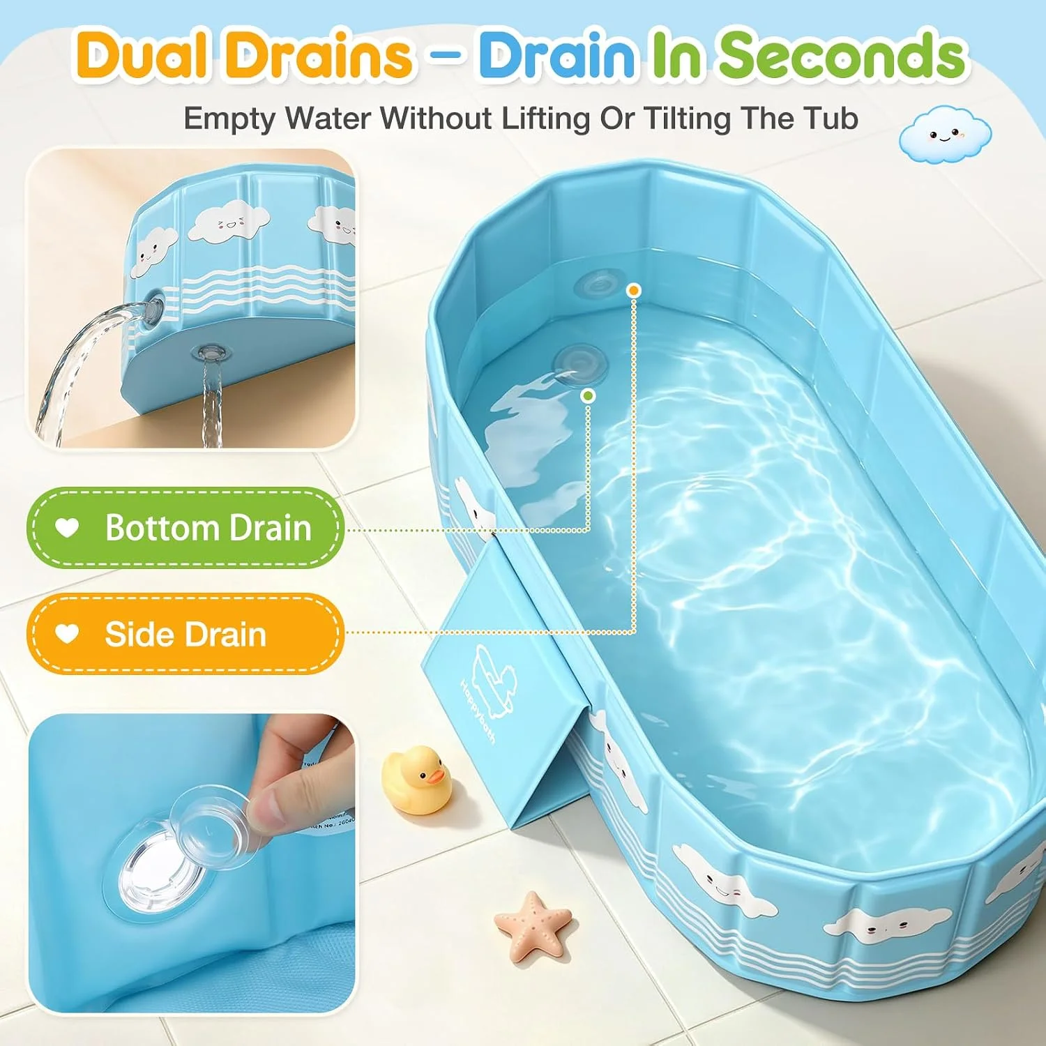 UMIKU Bañera Plegable para Bebé con 2 Tapones de Drenaje Azul