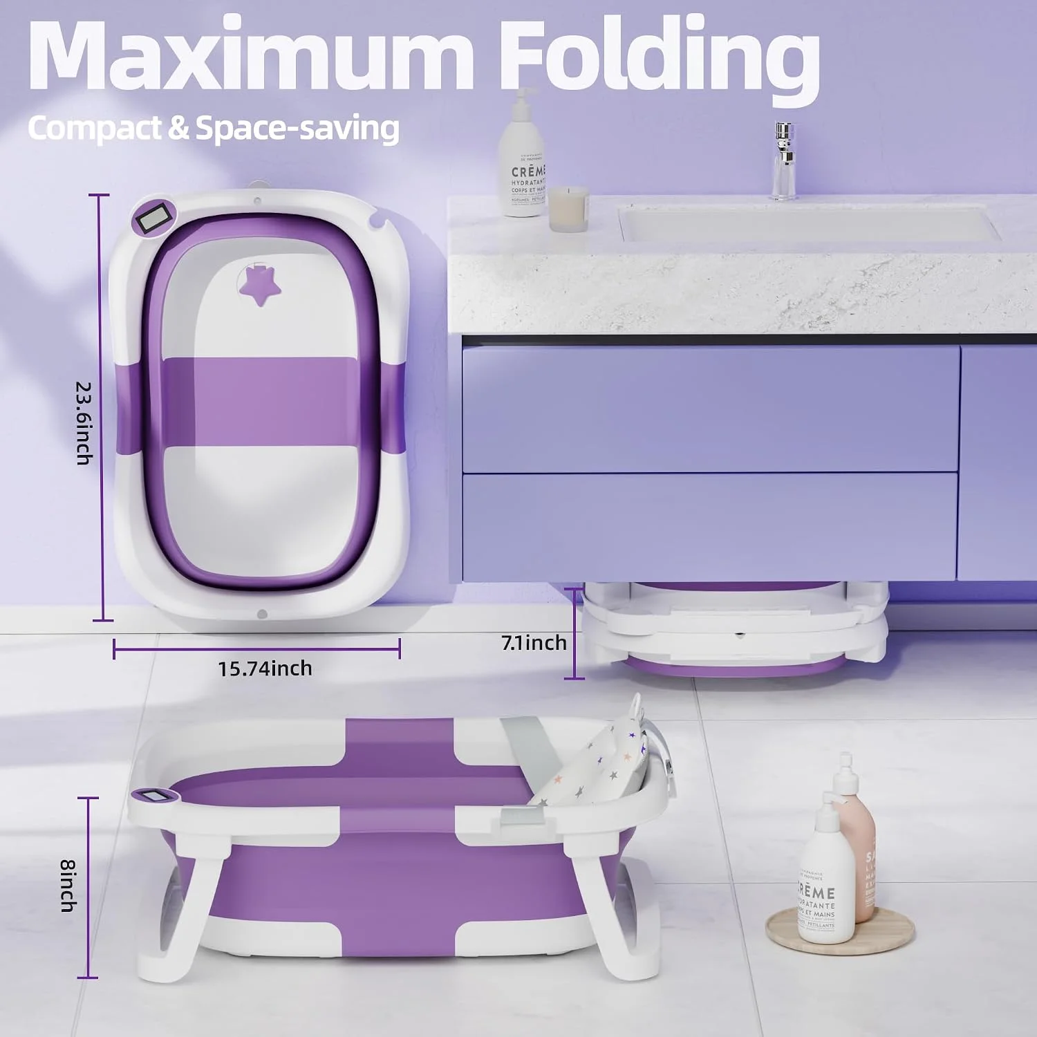 iBabyMax Bañera Plegable para Bebé con Termómetro 0 a 36 Meses Morada