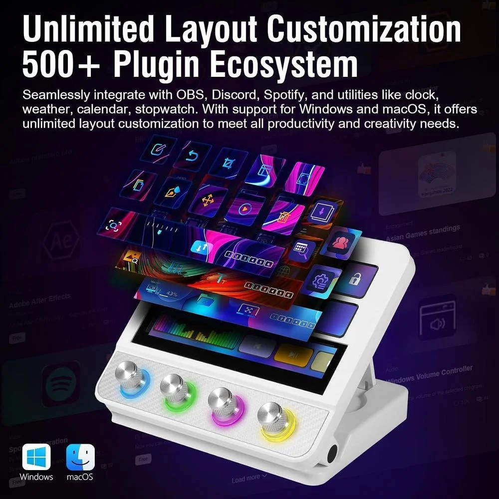 Controlador de streaming VSDINSIDE con teclas programables, macros, efectos sonoros y soporte ergonómico, compatible con Mac y PC
