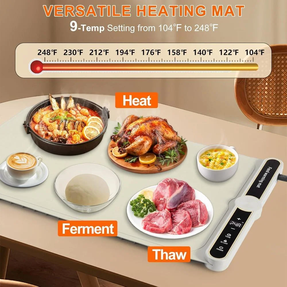 Tapete de Calentamiento para Alimentos de Silicona con 9 Modos de Temperatura y Temporizador de Apagado Automático