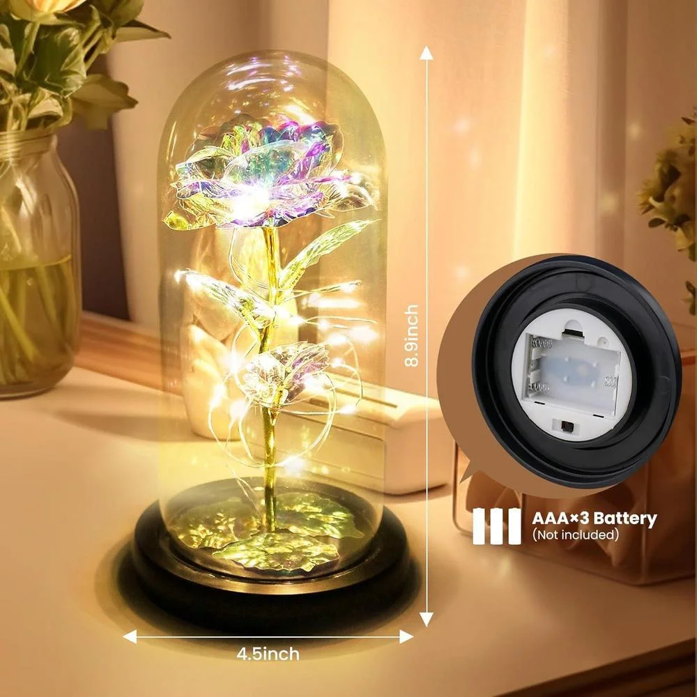 Rosa eterna en domo de cristal con luz LED