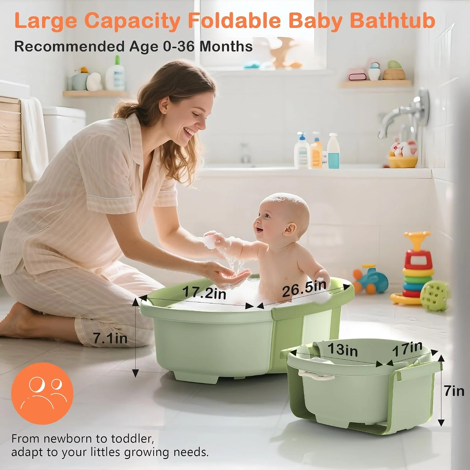 Spluvvly Bañera Plegable Grande para Bebé con Termómetro y Cojín Verde