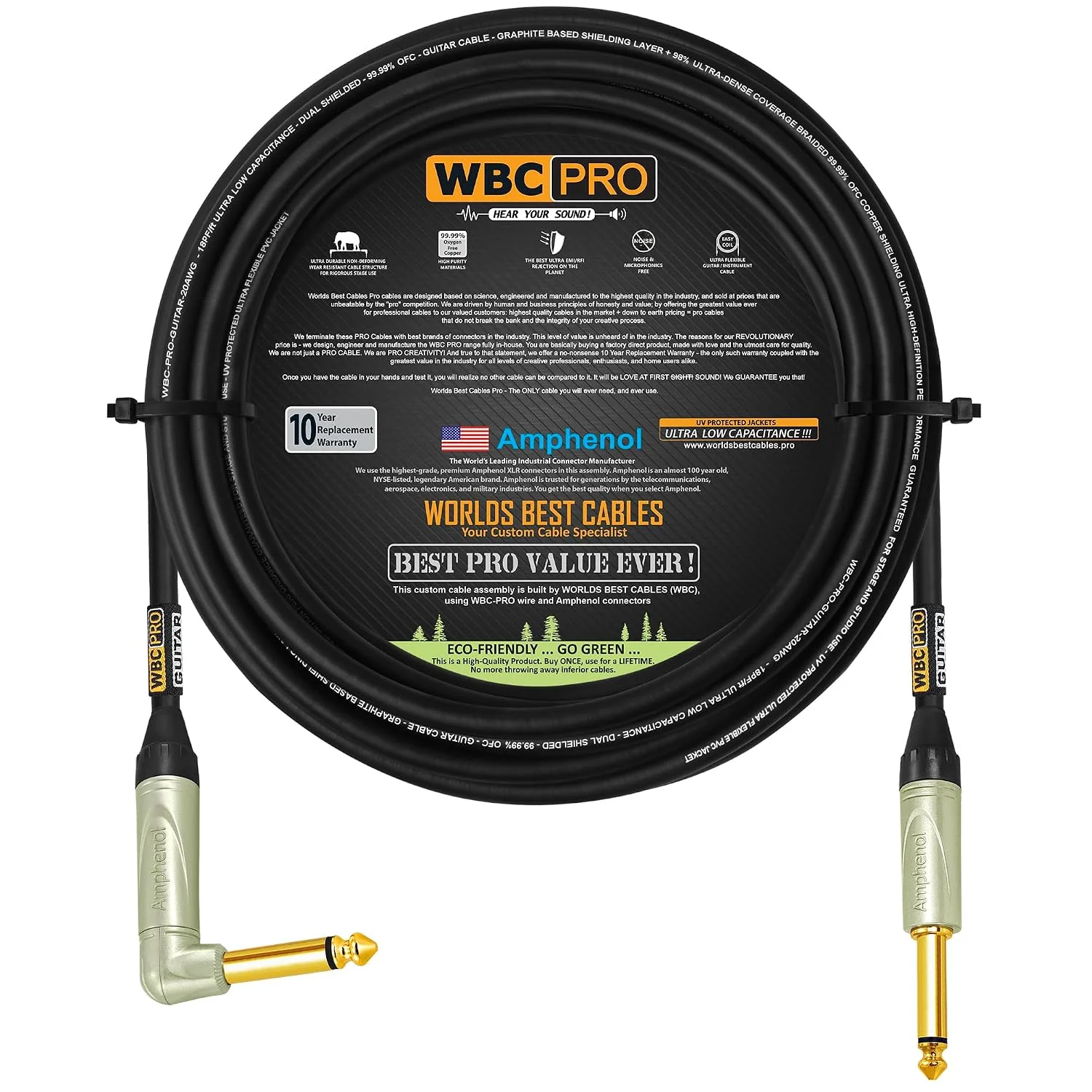 20 Foot - WBC-PRO-Guitar – 20 AWG - Low-Cap (18pF/ft) – Pro-Grade – Graphite-Based - Dual-Shielded Guitar, Bass, Instrument Cable with Amphenol QM2R-AU & QM2P-AU ¼ Inch (6.35mm) Gold TS Connectors