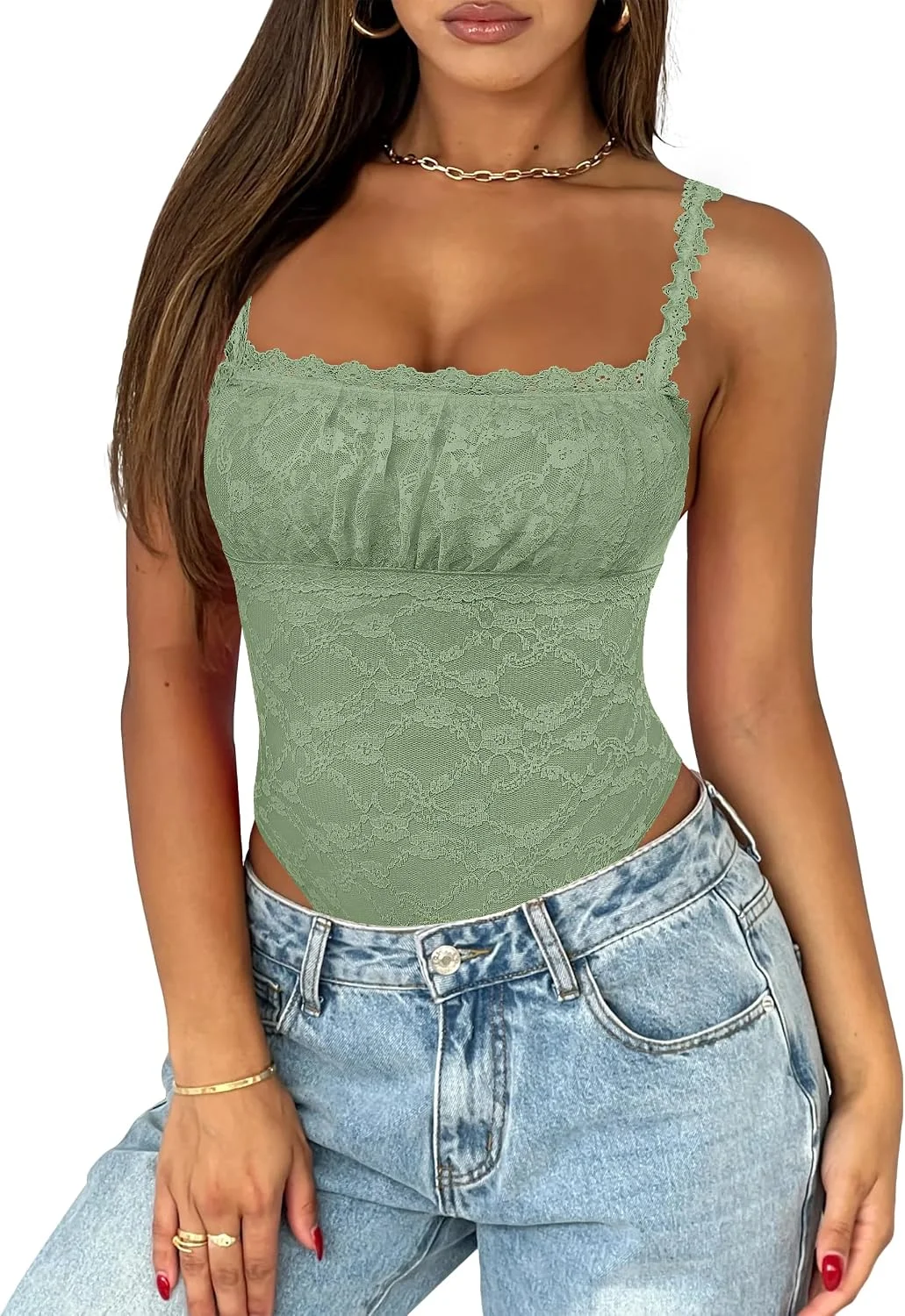 Body Saslax Cuello Cuadrado Encaje Tirantes Finos