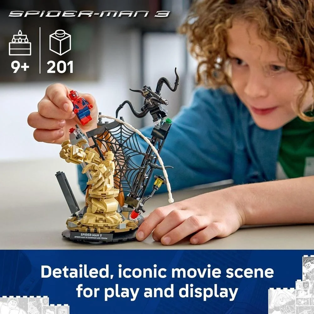 Set de construcción LEGO Spider-Man vs. Sandman con minifiguras de Venom y Spider-Man, ideal para niños desde 9 años