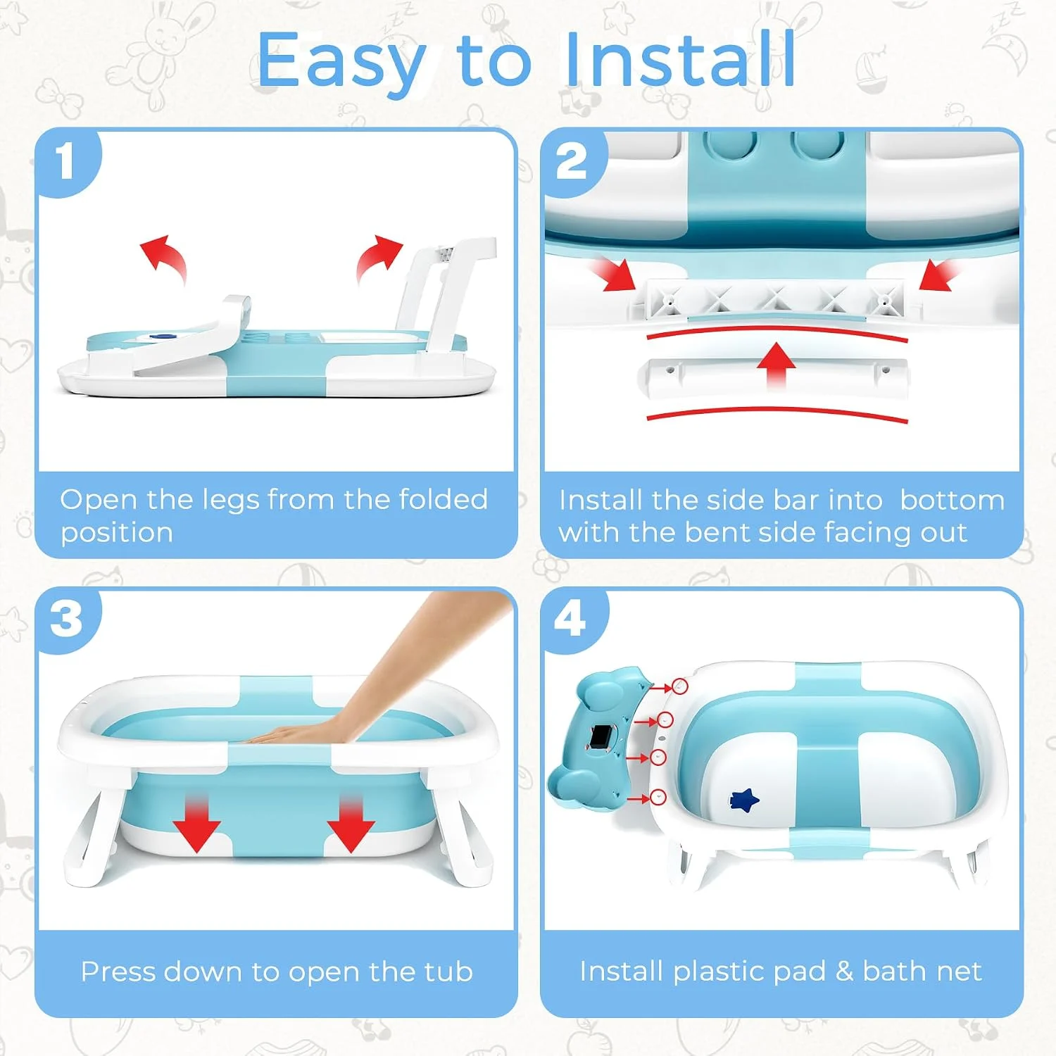 BUNWAG Bañera Plegable para Bebé con Termómetro y Cojín Azul