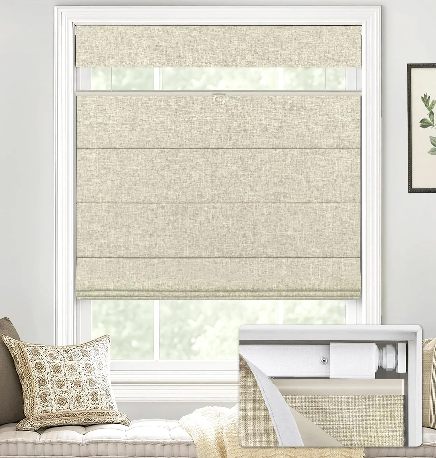 LazBlinds No Drill TDBU Roman Shades, Blackout - Beige, 20" W x 72" H