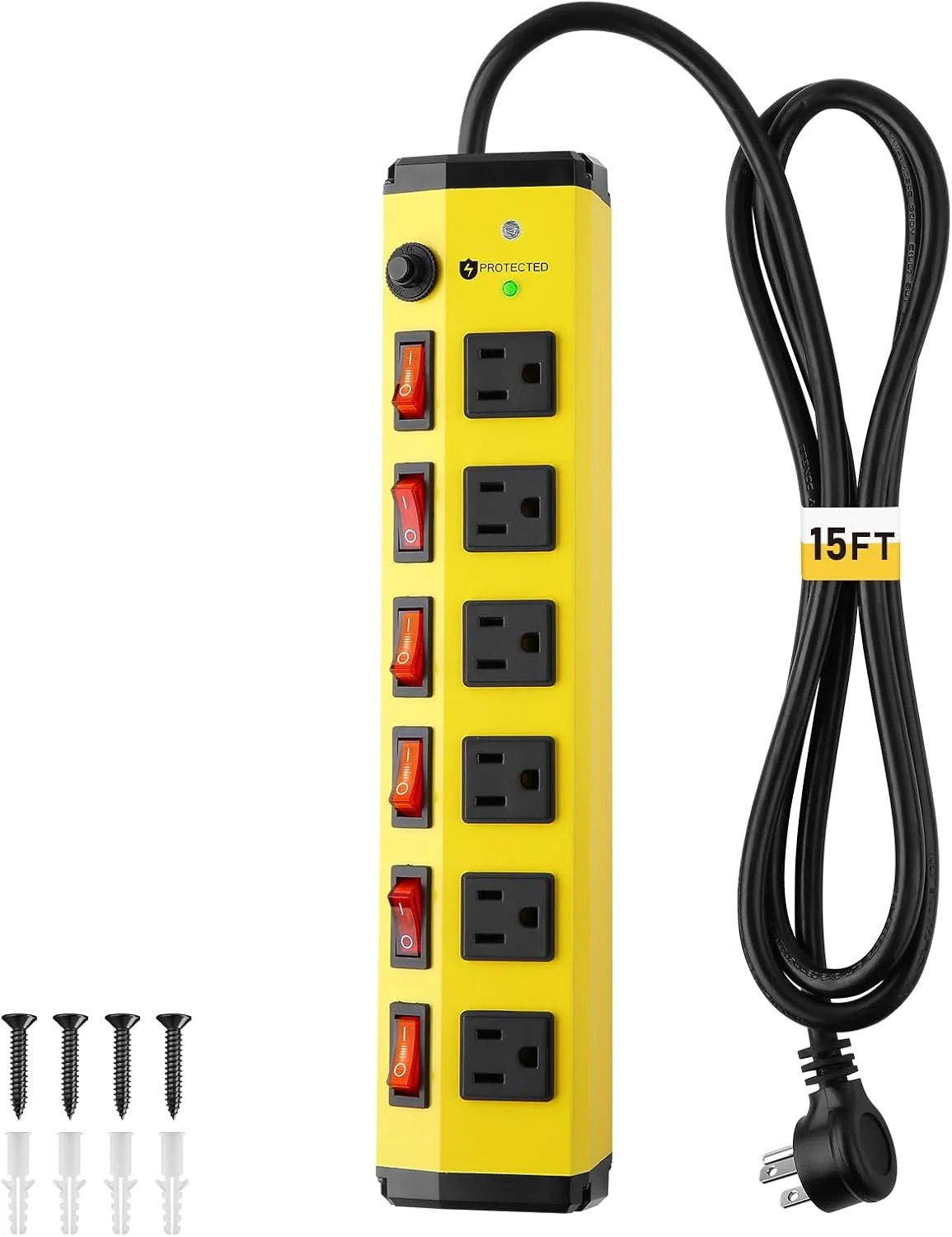 Regleta de potencia KeBen con protector de sobretensión, interruptores individuales, 6 pies, 15A