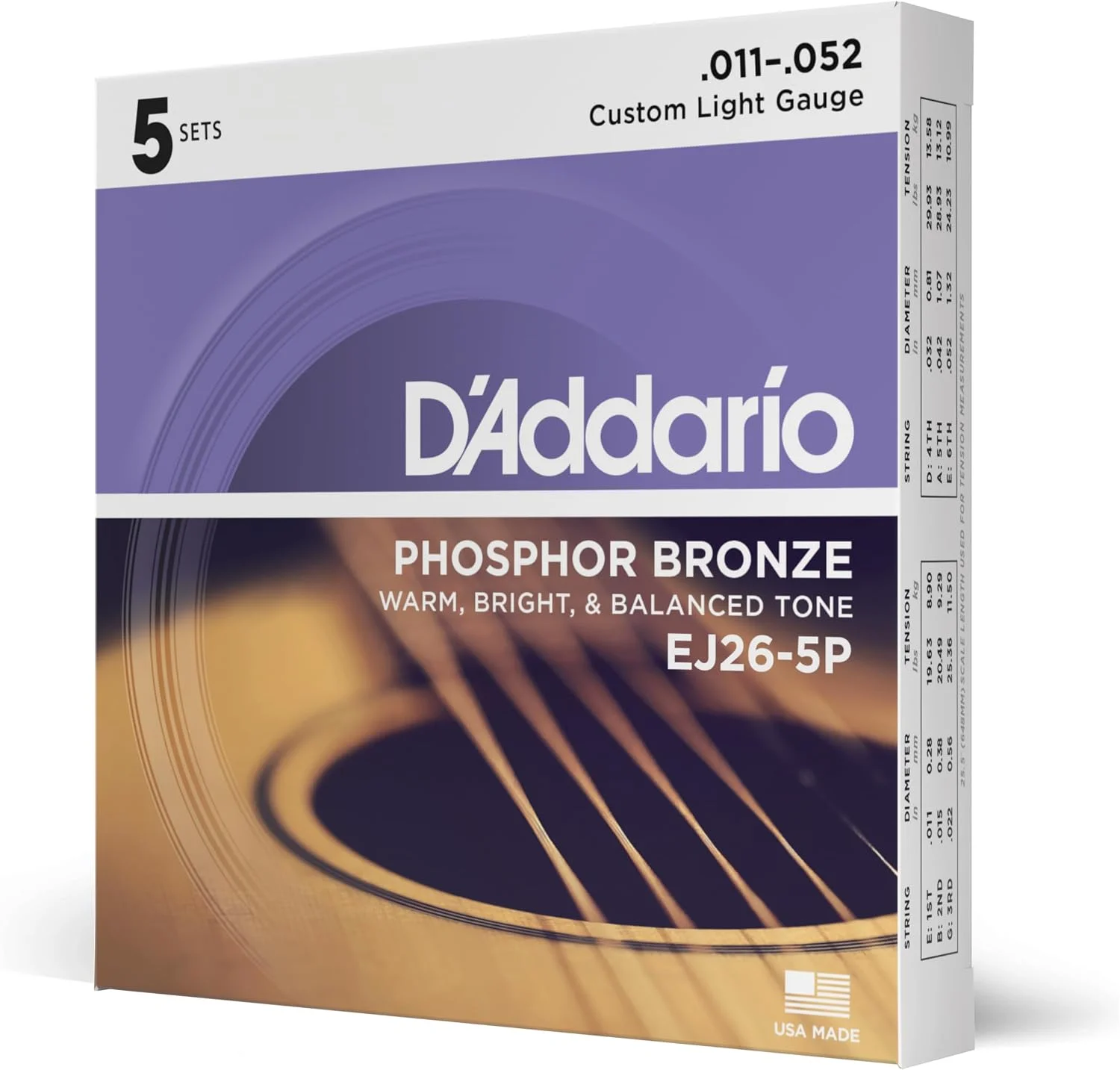 Juego de cuerdas para guitarra acústica D'Addario EJ26-5P Phosphor Bronze 11-52, 5 sets