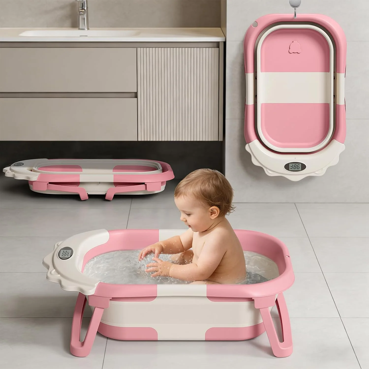 TPN Grow-with-Me 4 en 1 Bañera Plegable con Cojín y Termómetro Rosada