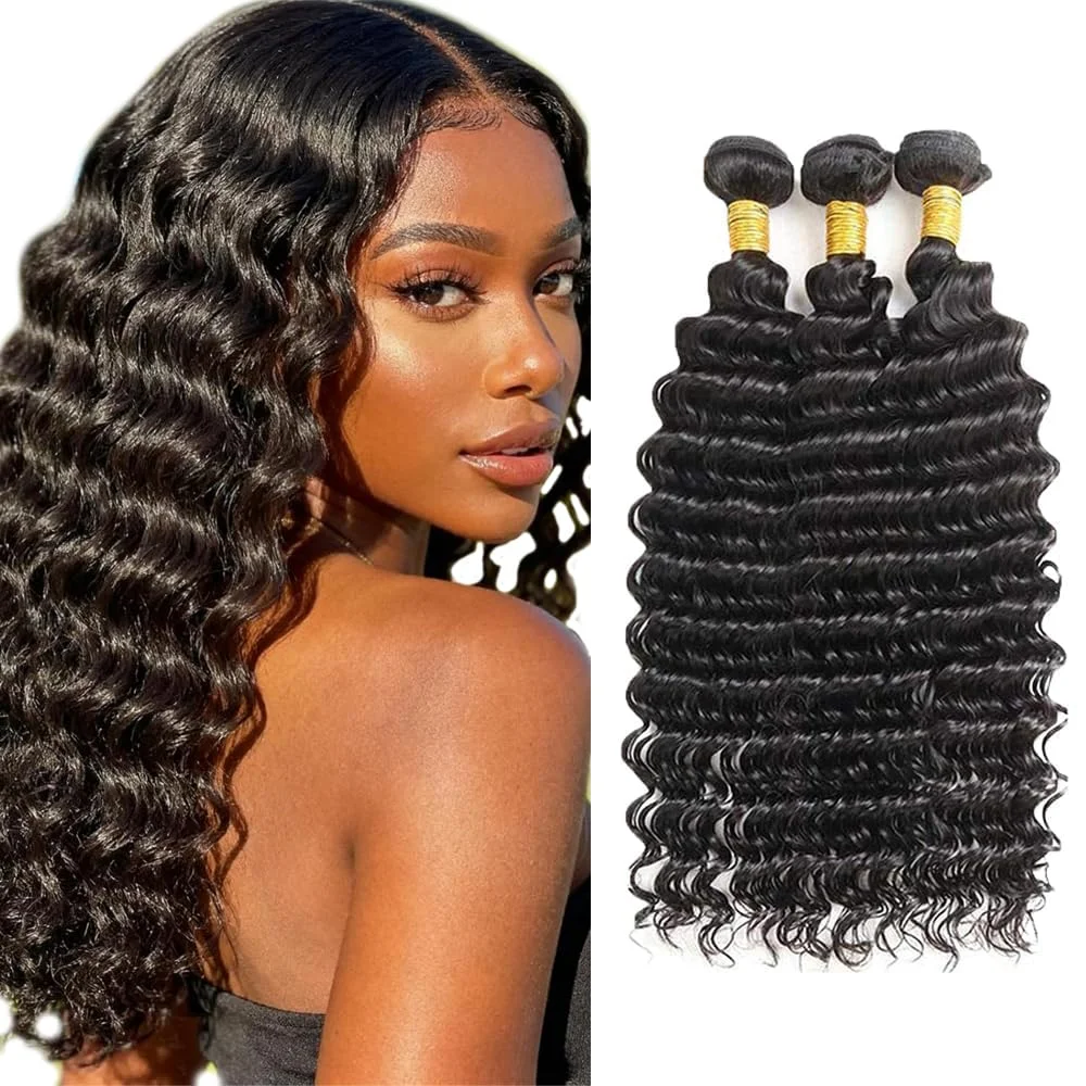 Extensiones de cabello humano Lakaisa ondas profundas negro natural 3 paquetes 16 18 20 pulgadas