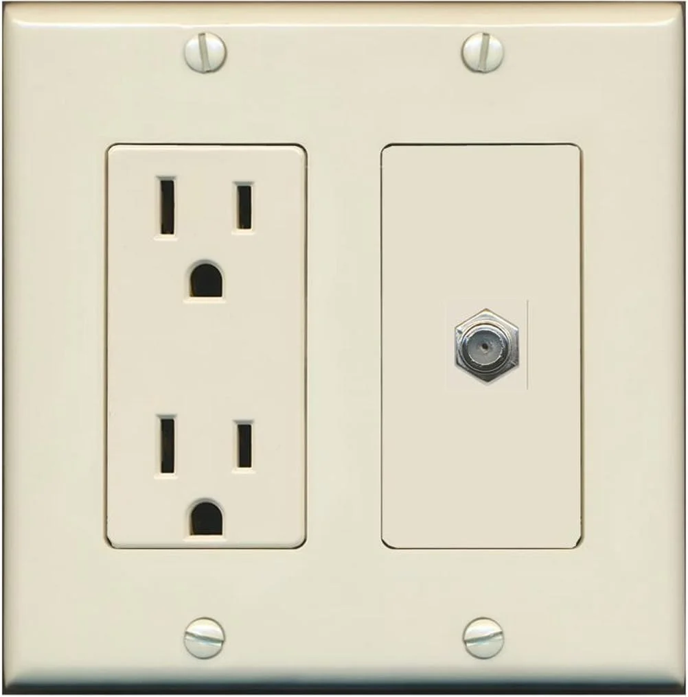RiteAV - 15 Amp Power Outlet and 1 Port Coax Cable TV- F-Type Decorative Type Wall Plate - Light Almond