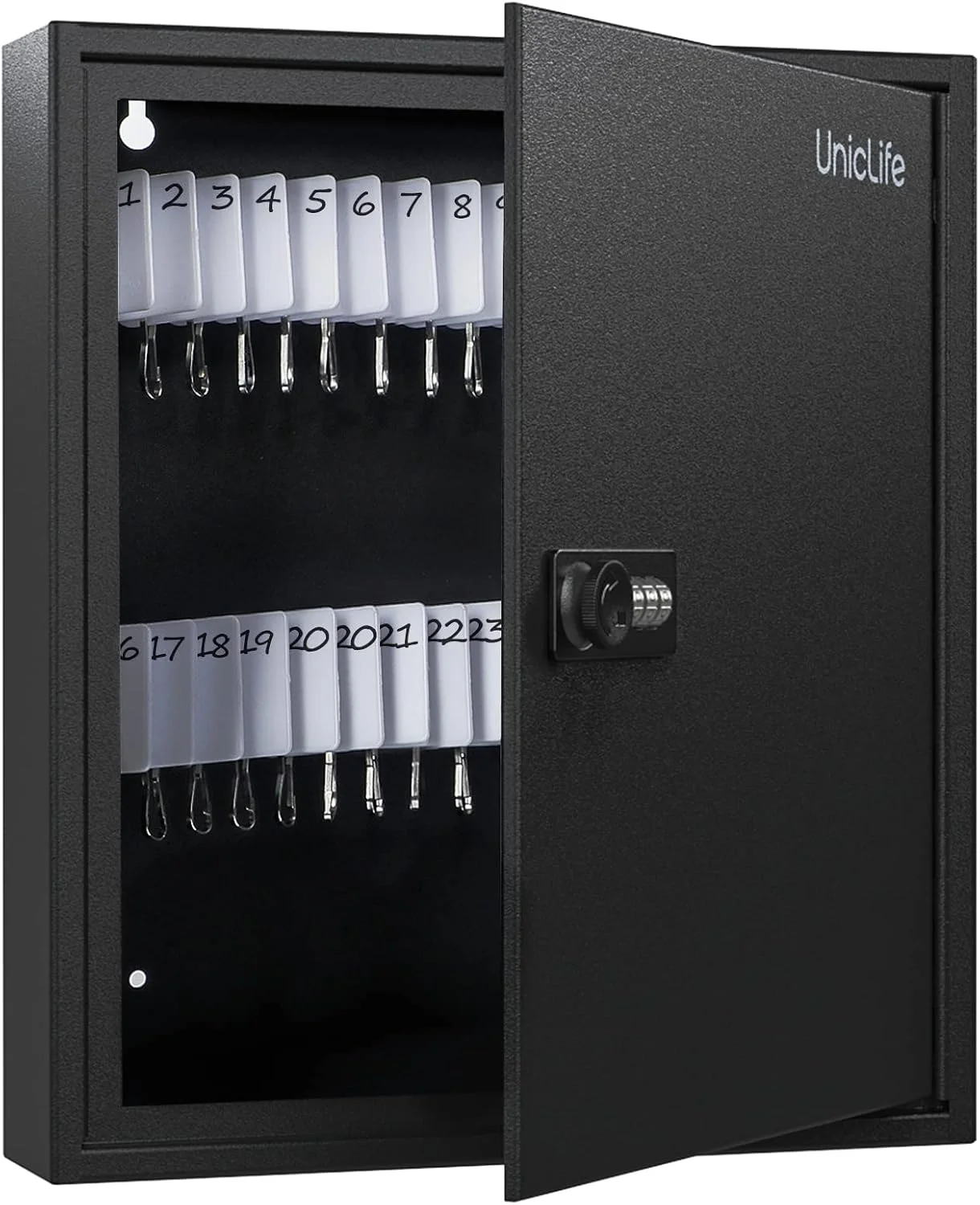 Uniclife 60 Position Slotted Key Cabinet with Combination Lock Resettable Black Digital Security Storage Box Steel Key Organizer with Slotted Racks White Key Tag Labels and Permanent Pen