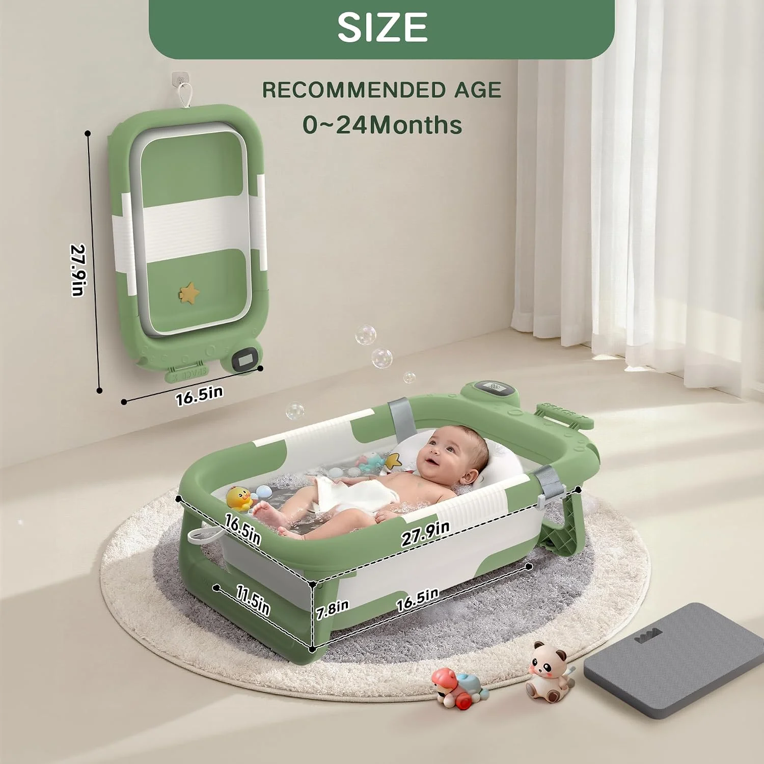 LAUJIA Bañera Plegable para Bebé Diseño Astronauta con Cojín Verde