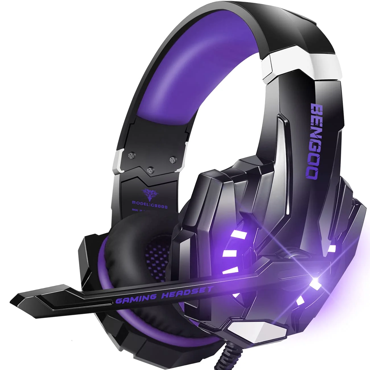 Headset gaming Bengoo G9000 estéreo con micrófono y luz LED púrpura