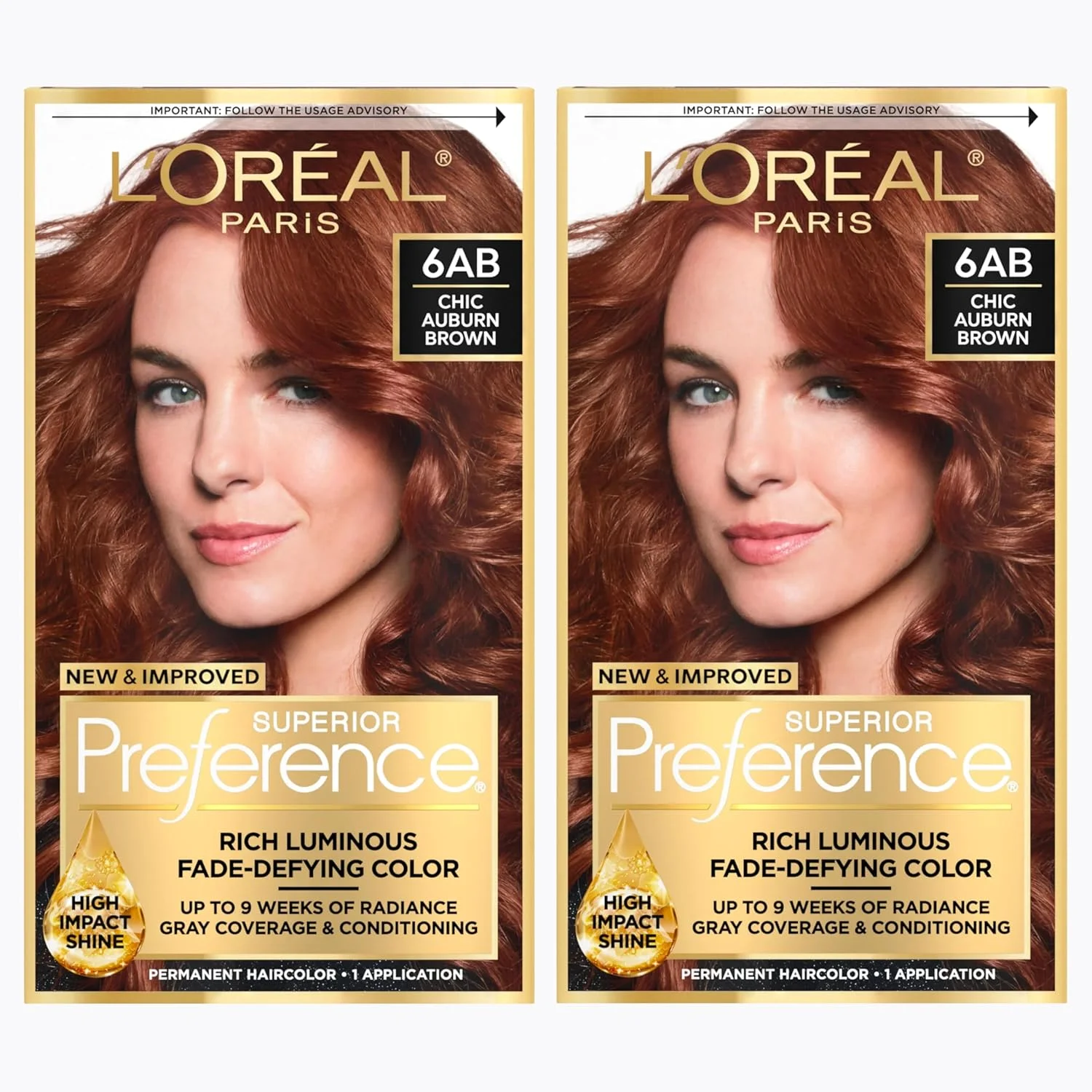L'Oreal Paris Superior Preference Luminous Fade-Defying Permanent Hair Color, Hair Dye For Up to 9 Weeks of Radiance, Chic Auburn Brown 6AB, 1 Hair Dye Kit (Pack of 2)