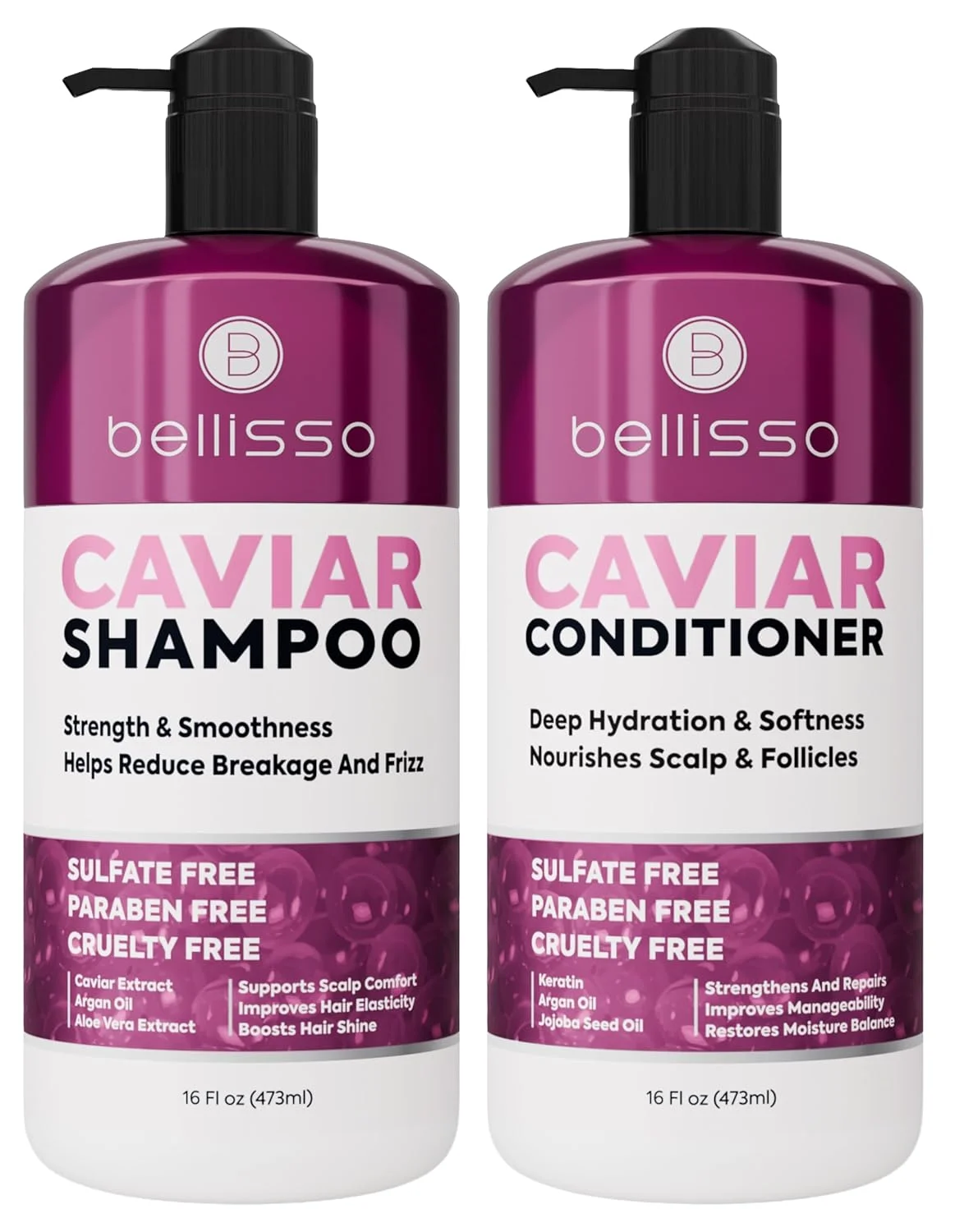 Caviar Shampoo and Conditioner Set - Sulfate Free, Moisturizing and Hydrating for Dry Hair - Salon Formula, Deep Conditioning Hair Treatment - Anti Frizz For Women and Men - 16 Fl Oz (Set of 2)