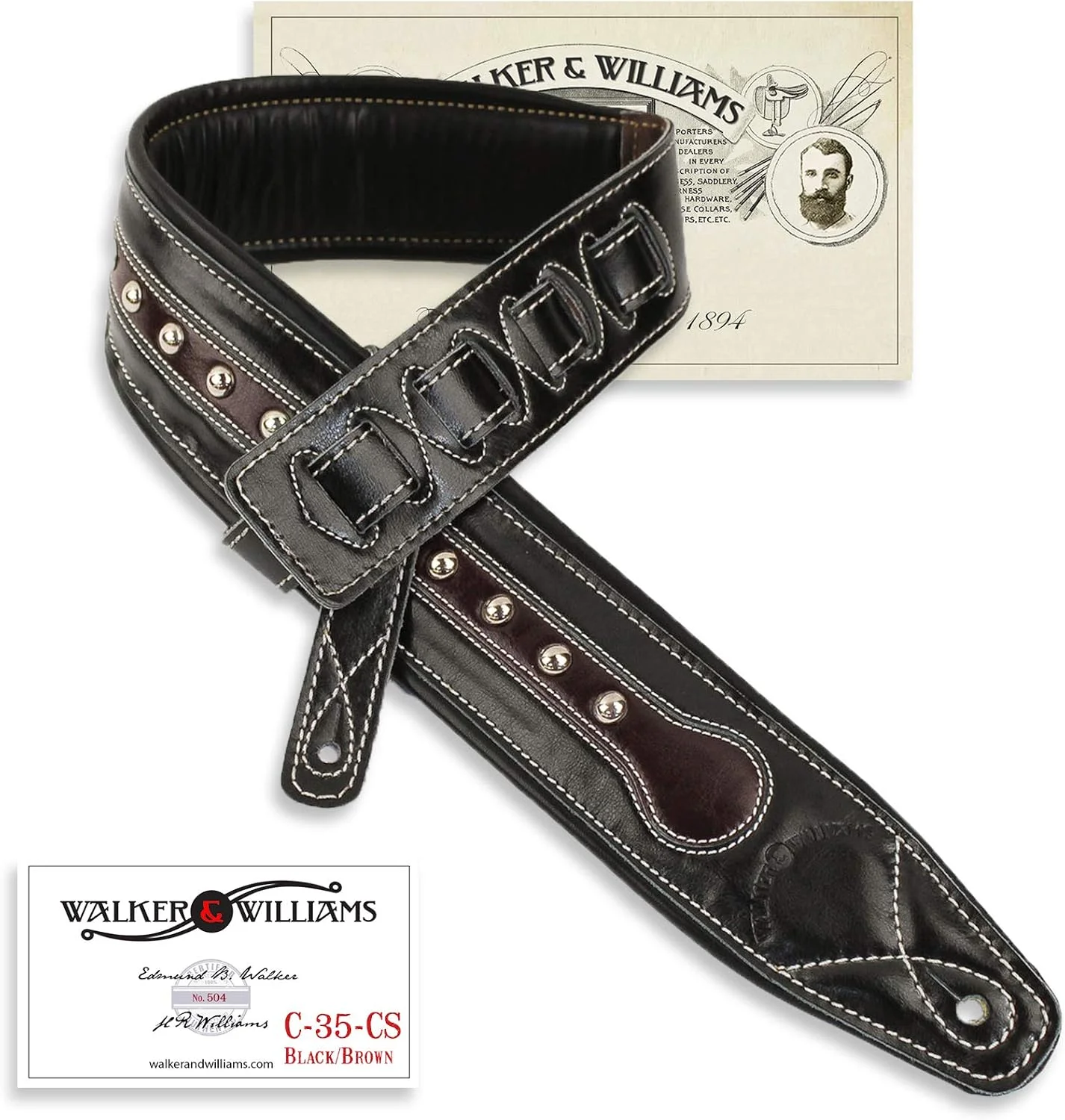Correa para guitarra Walker & Williams C-35-CS cuero negro y marrón con tachuelas
