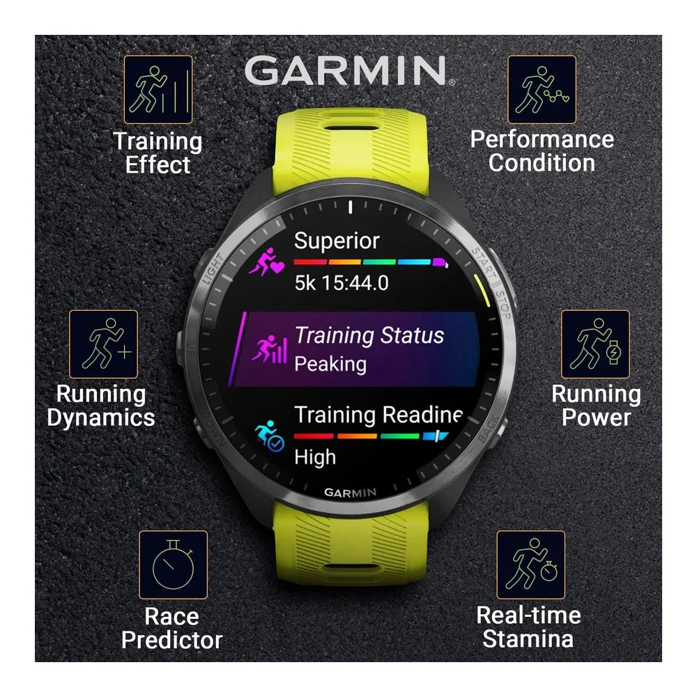 Garmin Forerunner 965 Smartwatch Premium, 1,4 Pulgadas, AMOLED, 32GB, GPS, Gris Carbón Y Amarillo