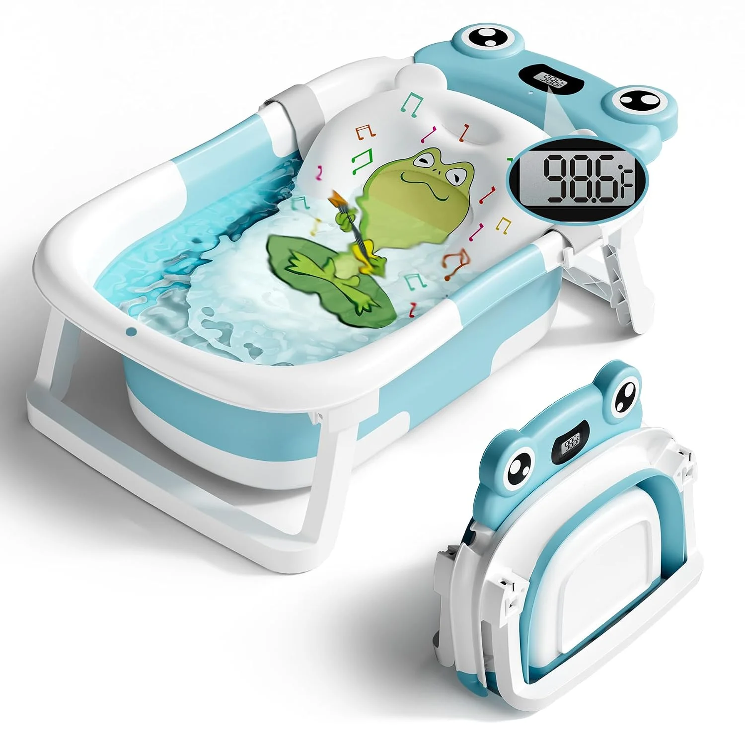 BUNWAG Bañera Plegable para Bebé con Termómetro y Cojín Azul