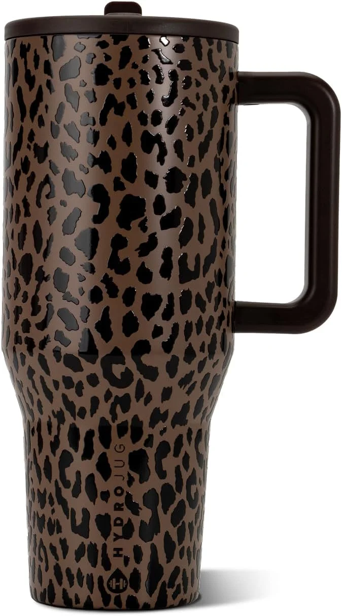 Vaso Tumbler HydroJug Traveler 40oz con Asa y Popote, Marrón Leopardo
