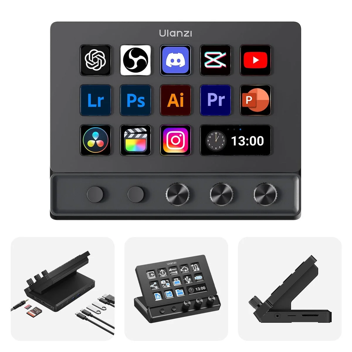ULANZI D200X Creative Deck - Teclado macro con 14 teclas LCD, 3 perillas de codificador y concentrador 8 en 1 para edición de video