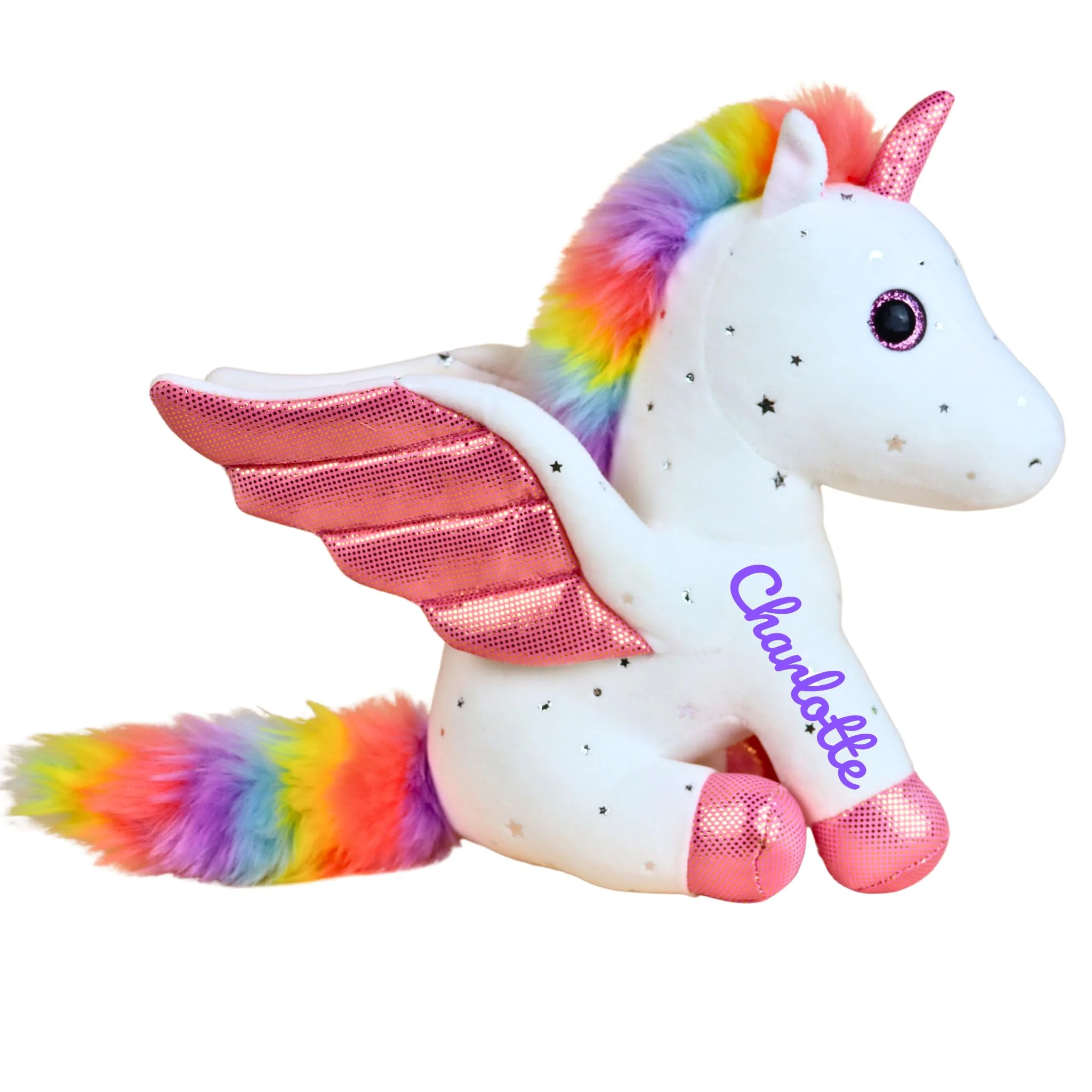Peluche Unicornio Personalizado con Crin Arcoíris y Alas Rosa 12 pulgadas