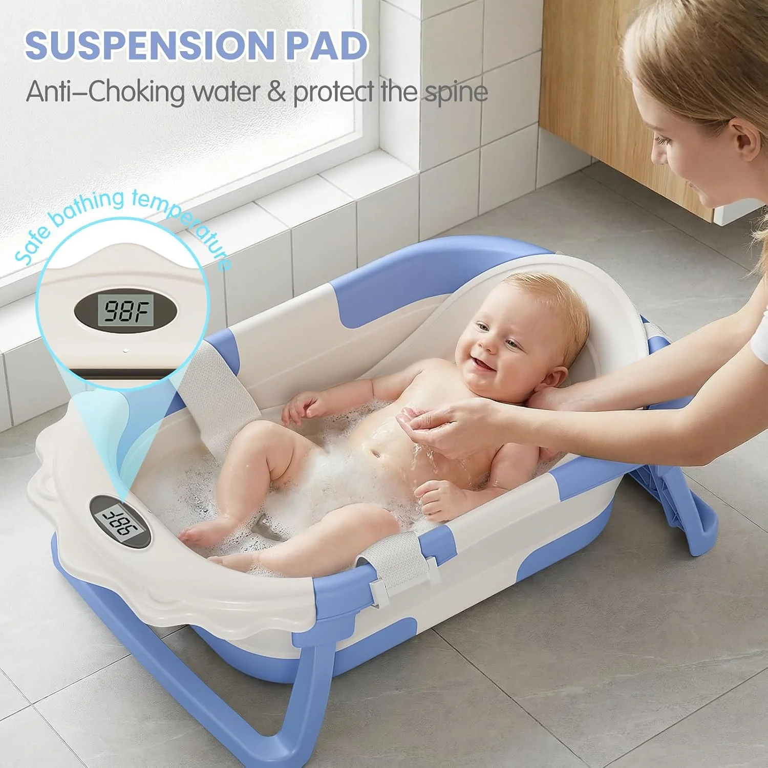 TPN Grow-with-Me 4 en 1 Bañera Plegable con Cojín y Termómetro Azul