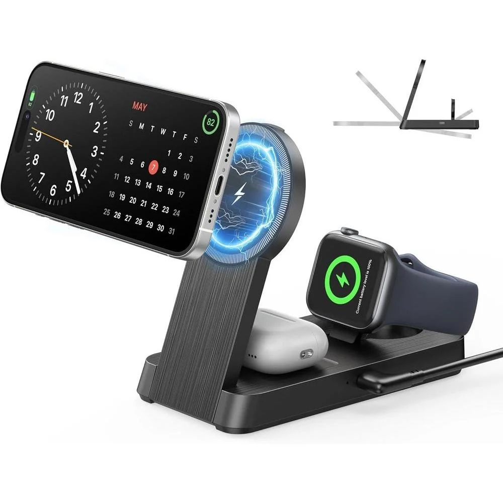 Estación de carga magnética 3 en 1 para iPhone, Apple Watch y AirPods, cargador portátil plegable para múltiples dispositivos Apple