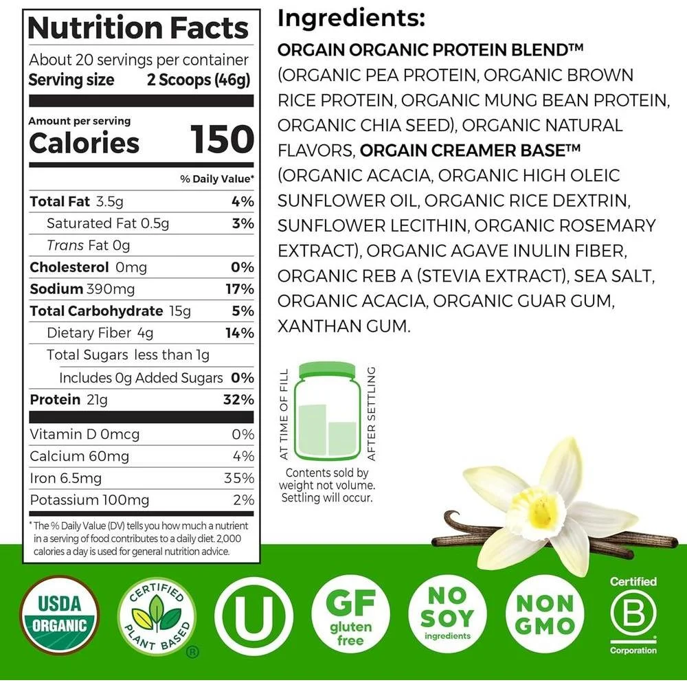 Proteína vegetal orgánica vegana orgain, sin lactosa, sin gluten, sin soya, sin OMG, ideal para batidos y mezclas