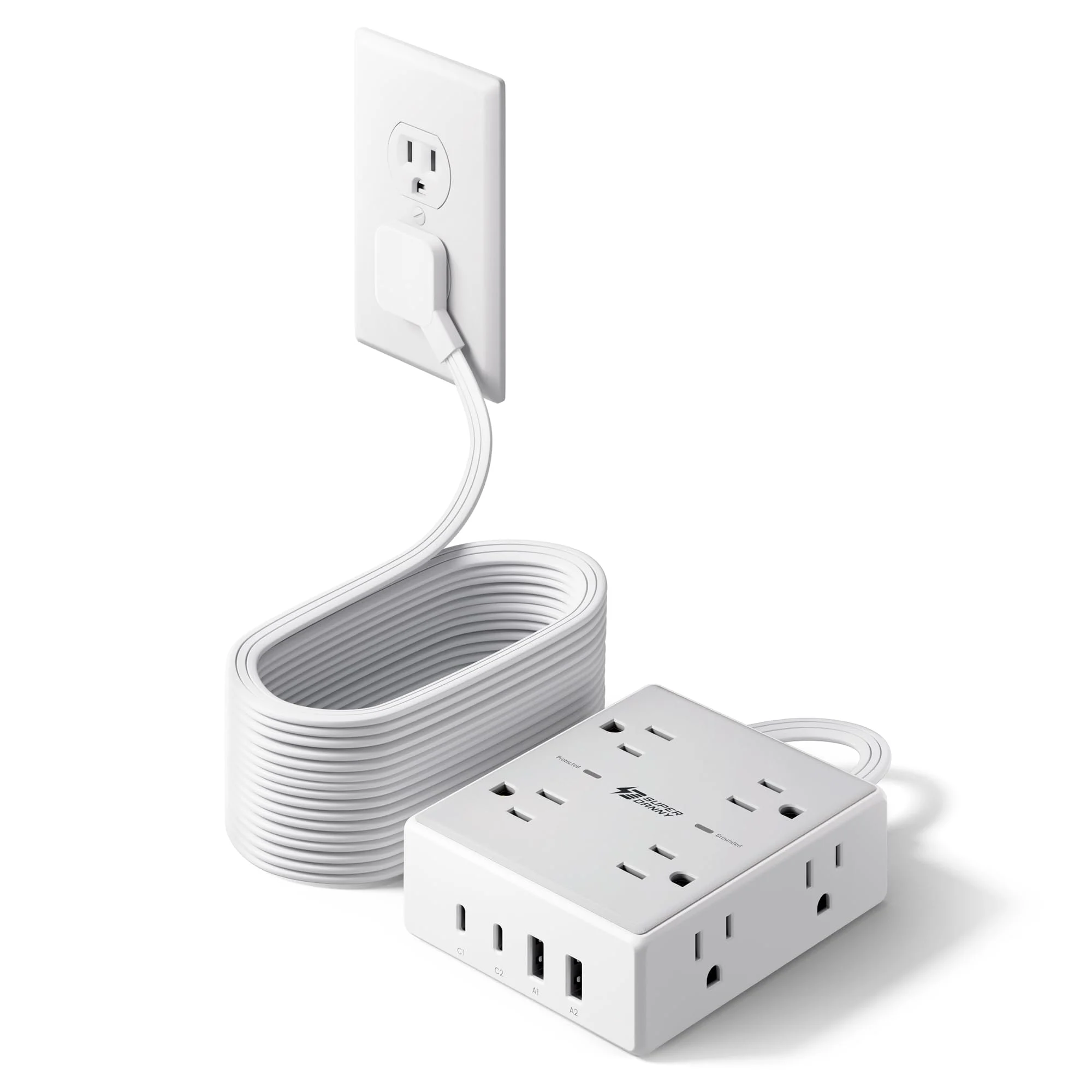 Regleta de extensión Superdanny con protector de sobretensión y puertos USB, cable plano 20 pies