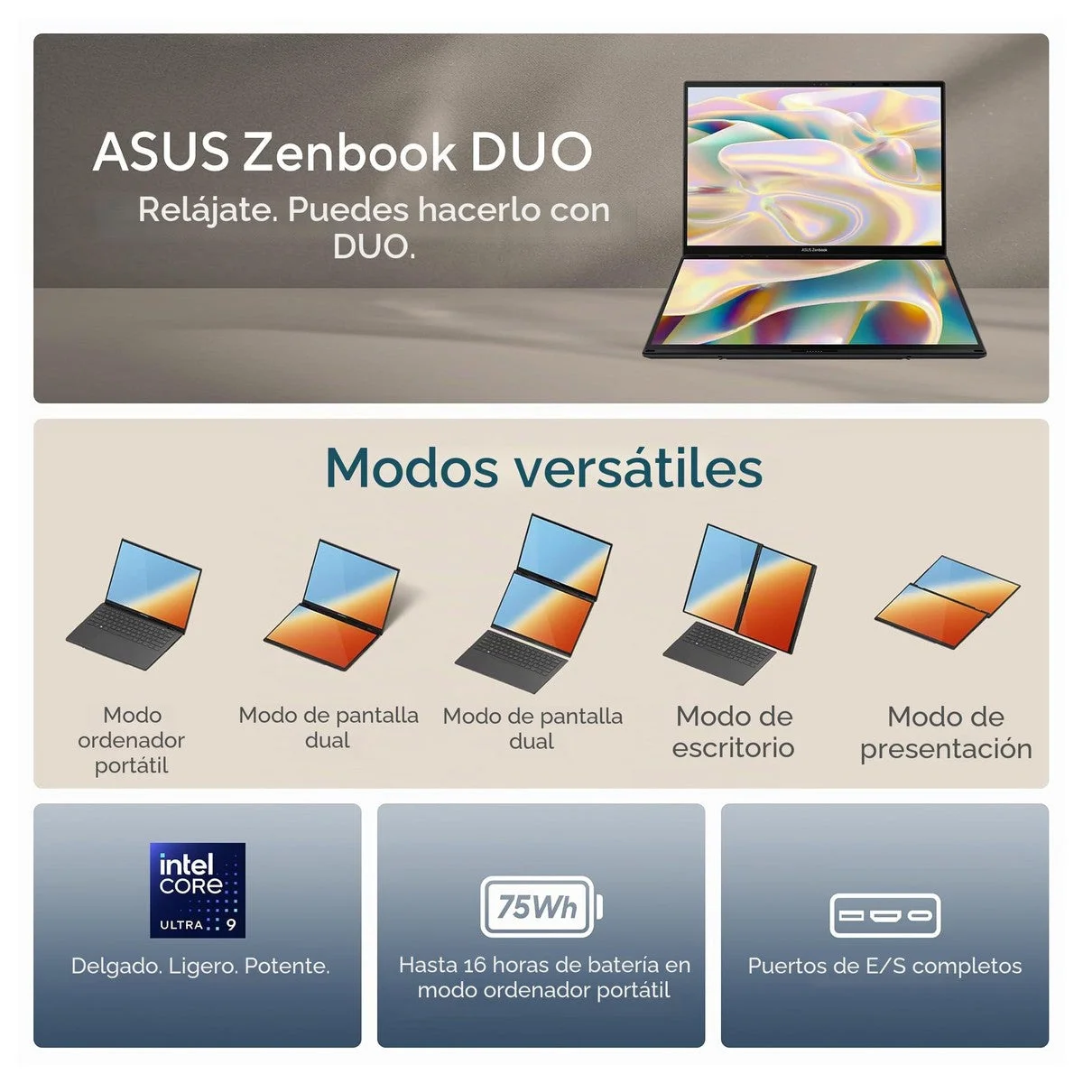 Asus Zenbook Duo Dual Oled Con Pantalla Táctil, Intel Core Ultra 7, 32gb Ram, 1tb Ssd, Windows 11 Home - Gris