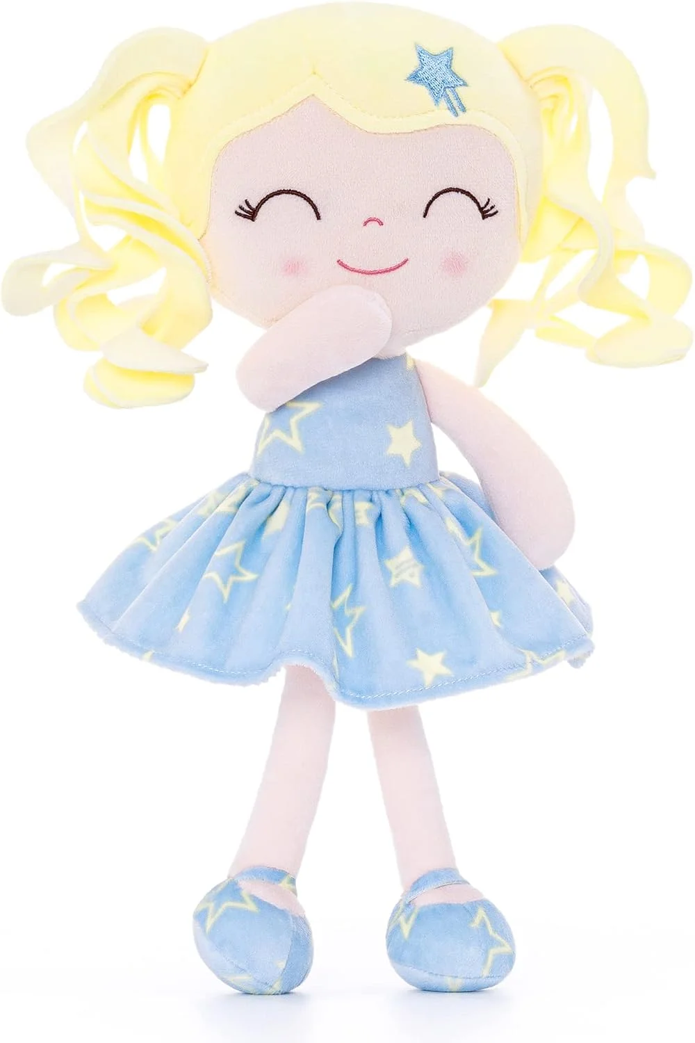 Muñeca de peluche Gloveleya 30 cm cabello rizado vestido azul con estrellas