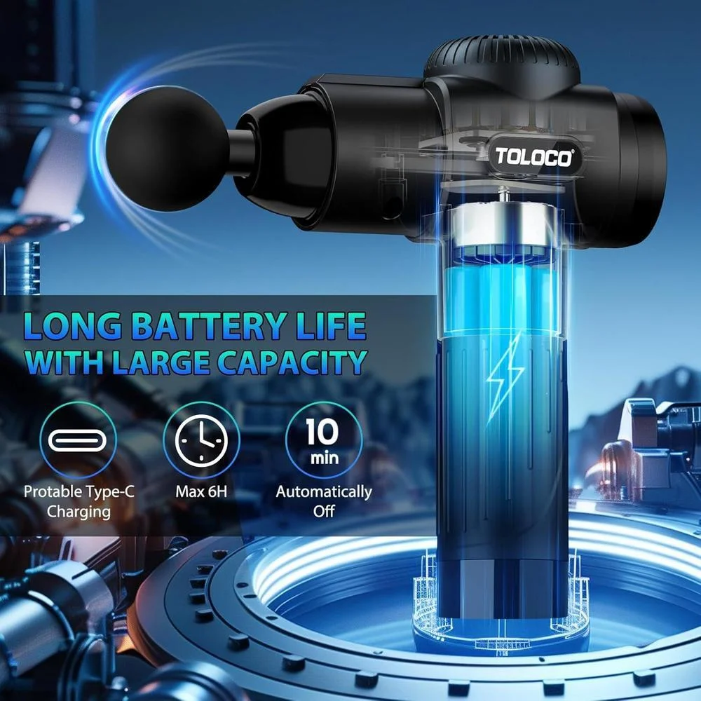 Pistola de masajes Toloco T11 Pro para tejido muscular profundo con motor silencioso y cabezales intercambiables