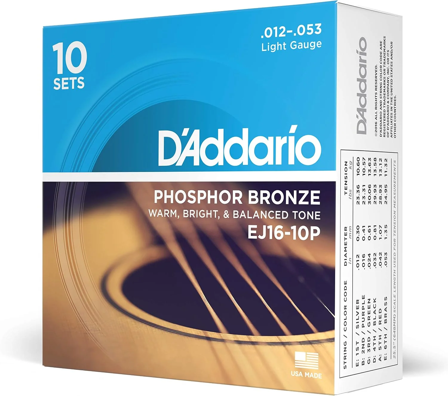 Juego de cuerdas para guitarra acústica D'Addario EJ16-10P Phosphor Bronze 12-53, 10 sets