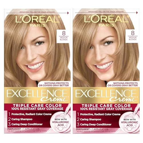 L'Oreal Paris Excellence Crème Permanent Hair Dye, Triple Care Hair Color with Hyaluronic Acid for 100% Gray Coverage, 8 Medium Blonde, 1 Kit (Pack of 2) (Packaging May Vary)