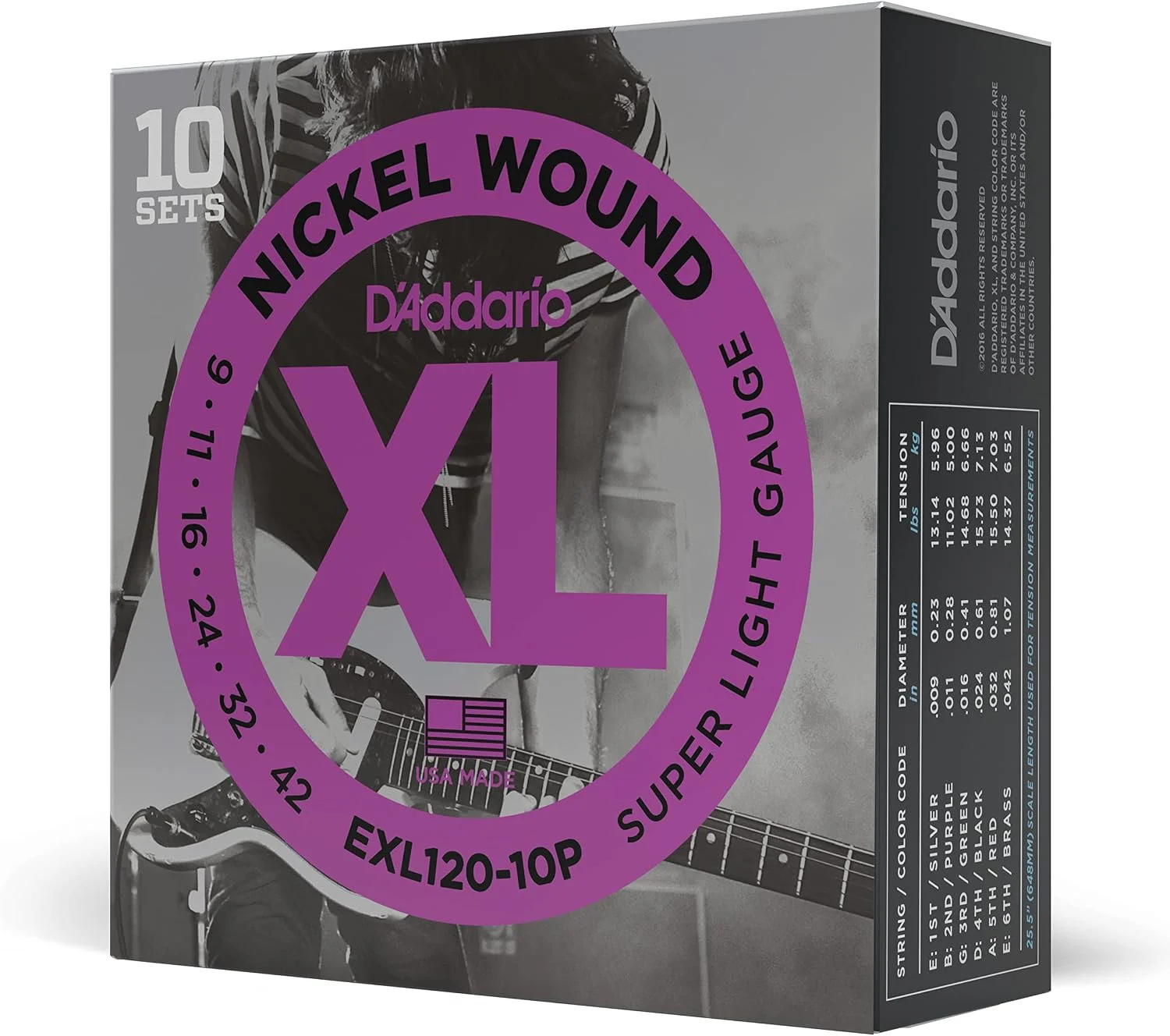 Cuerdas para guitarra eléctrica D'Addario XL Nickel 09-42, pack de 10 juegos