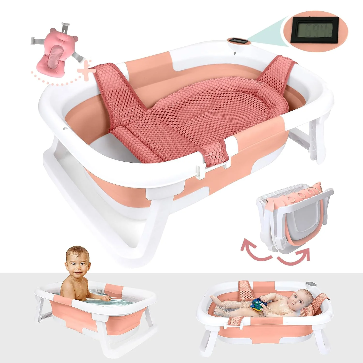 BEBELEH Bañera Plegable para Bebé con Termómetro y Doble Hamaca Rosada