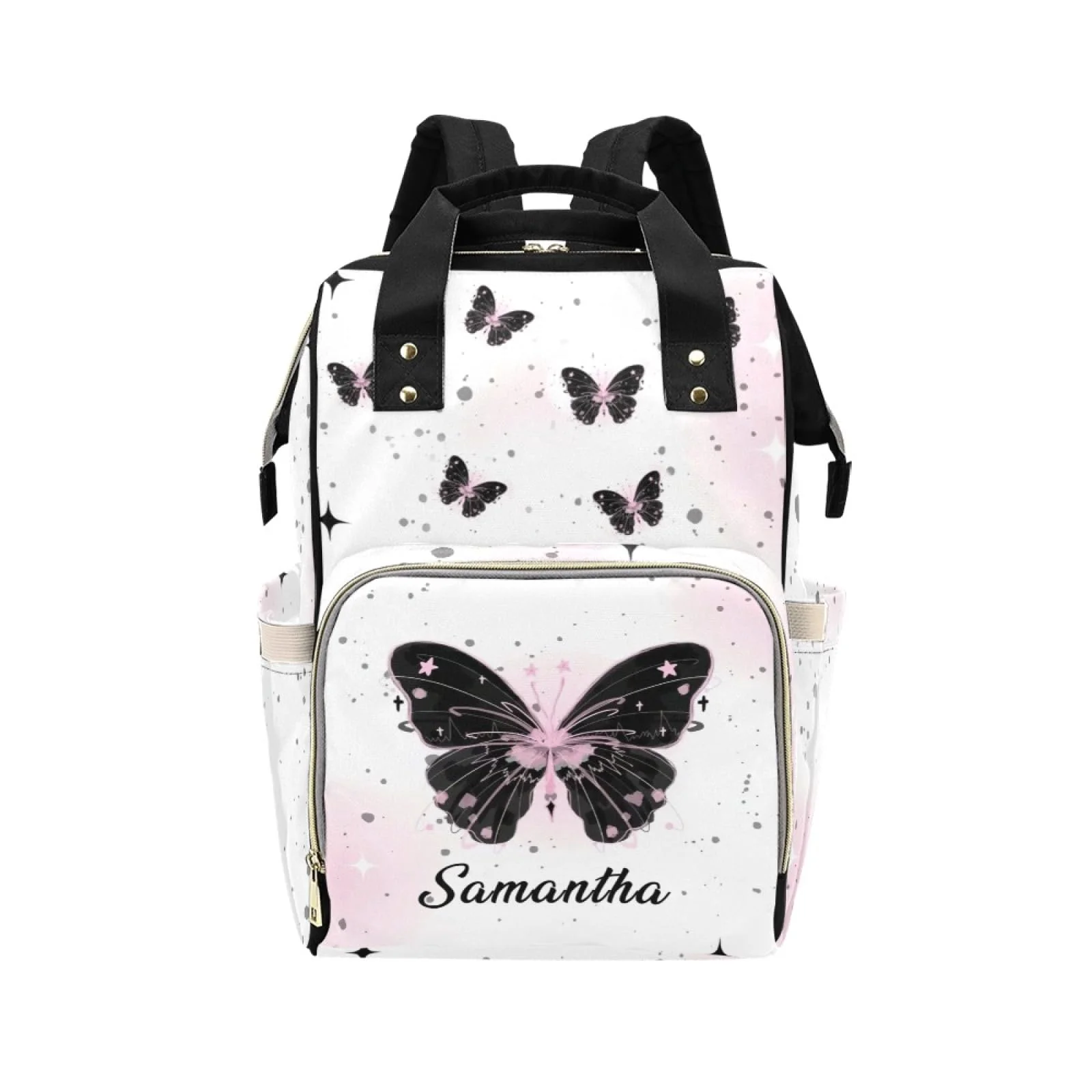 Personalized Baby Diaper Bag Backpack for Women, Custom Name Nursing Mommy Daypack, Diaper Bag for Girls Boys, New Mom Gifts (Butterfly Black)