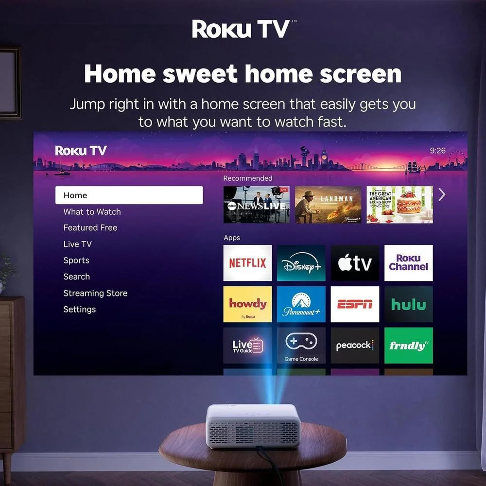 Proyector inteligente Aurzen Roku TV con WiFi y Bluetooth, experiencia de streaming Roku, 1080P FHD, audio Dolby, enfoque automático
